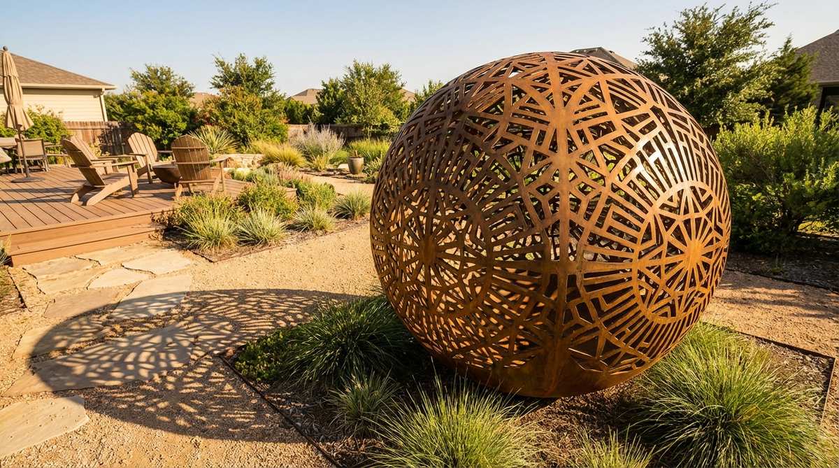 A contemporary garden sculpture featuring a hollow sphere with laser-cut geometric patterns that create complex shadow projections. Available in bronze for warm patinas or stainless steel for a crisp appearance, suitable for installation in sunny locations or with fountain integration.