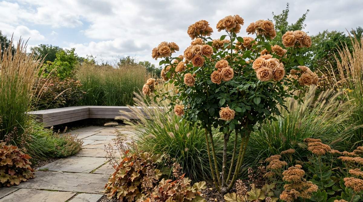 Honey Dijon grandiflora rose with dusty caramel blossoms on strong stems, growing 4-5 feet tall in a contemporary garden setting with grasses and bronze-foliaged perennials.