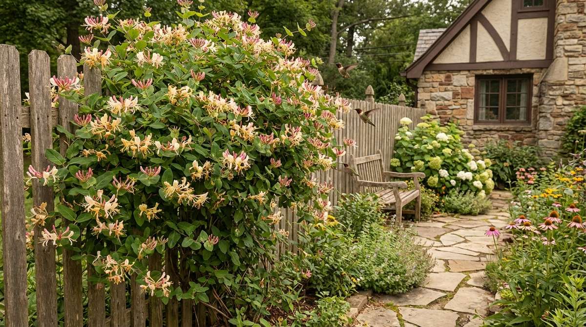 A lush honeysuckle vine covering a fence, creating a fragrant privacy screen that attracts hummingbirds, with dense foliage transforming a bare vertical surface into a green wall in a small garden cottage setting.
