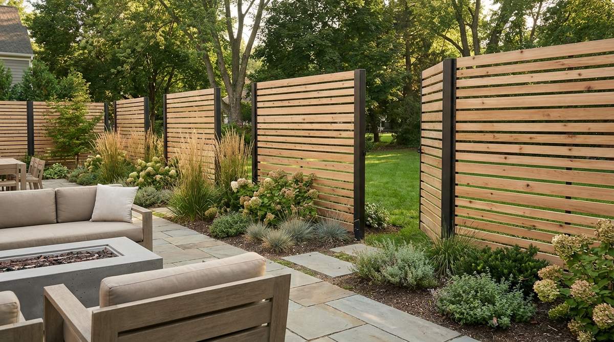 Modern horizontal slatted screens made of wood or composite materials, evenly spaced to provide privacy while allowing air circulation. The linear design creates visual rhythm along property edges, suitable for outdoor decor applications.