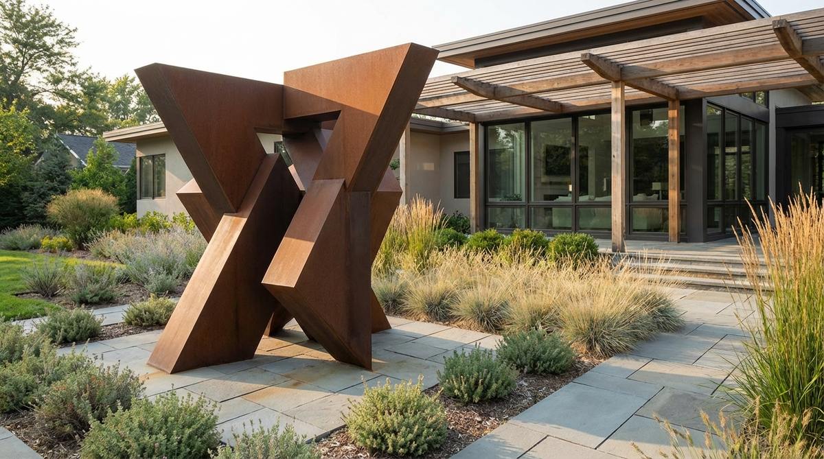 A modern garden sculpture featuring intersecting steel planes that create complex three-dimensional forms from simple geometric elements. The sculpture demonstrates how negative spaces between the planes are as important as the solid surfaces, with calculated angles that distribute weight efficiently while creating dynamic visual impact. This bold, simplified form reads clearly from a distance and reveals intricate complexity upon closer inspection, making it ideal for modernist gardens with strong architectural features.
