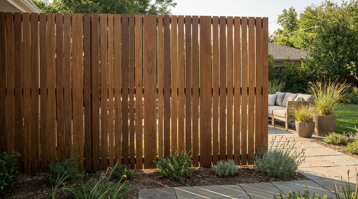 Vertical ipe hardwood slats installed as a privacy screen in a modern garden, showing the natural rich brown color and tight grain pattern with narrow gaps for air circulation.