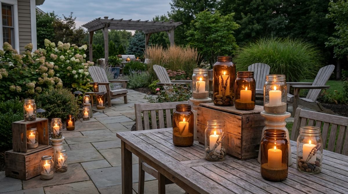 Mason jars or amber glass containers filled with pillar candles, creating warm focal points on tables and along pathways for boho decorations. The glass protects flames from outdoor breezes while amplifying light through refraction. Vary jar heights by placing some directly on surfaces and elevating others on inverted wooden boxes or ceramic pedestals for dimensional lighting. Add natural elements like sand, pebbles, or dried botanicals to jar bottoms to stabilize candles and add textural detail visible through glass.