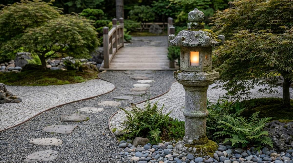 A traditional Kasuga lantern made of granite, featuring a cylindrical pedestal, rectangular fire box, and peaked roof, placed along a curved path in a zen garden to guide visitors with its light and develop authentic lichen growth over time.
