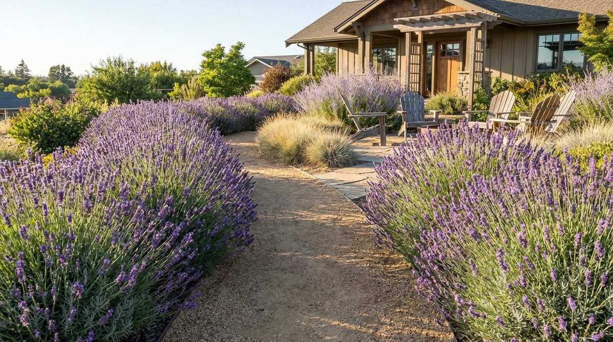 Purple lavender spikes lining a garden pathway with silvery foliage, creating structured yet soft borders that provide signature boho color and fragrance in full sun.