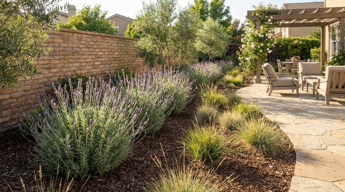 A garden border featuring lavender plants with silvery-green foliage planted along a brick base, showcasing the contrast between the aromatic lavender and warm brick tones in a Mediterranean-style garden setting.