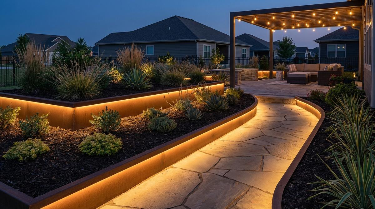 Aluminum channels with recessed LED strip lighting installed along the edges of contemporary garden beds, providing warm ambient illumination that highlights plantings and defines pathways after dark.