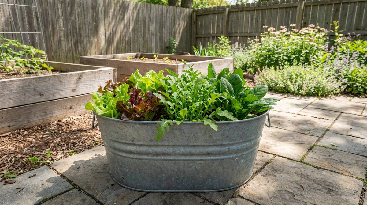 A galvanized wash tub filled with lush lettuce, arugula, and spinach greens, demonstrating shallow container gardening for continuous salad harvests in a garden setting.