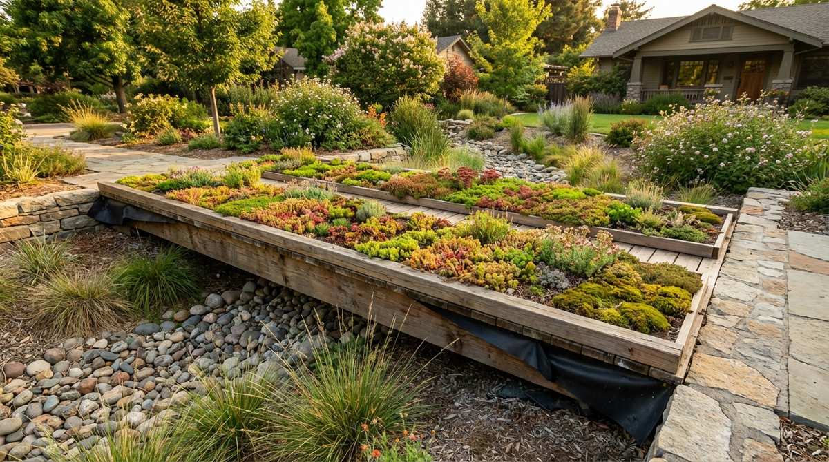 A flat bridge featuring a living roof with shallow soil trays planted with sedums and moss, integrating the structure into the surrounding ecology. The design includes waterproof membranes and drought-tolerant plants to minimize maintenance, providing habitat for beneficial insects and moderating temperature extremes.