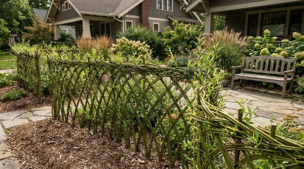 A living willow screen made from woven fresh willow branches that develop roots and continue growing, creating a self-sustaining living fence for modern gardens. This ancient technique produces zero-waste garden solutions that strengthen over time, suitable for cottage gardens, permaculture landscapes, and eco-conscious properties.