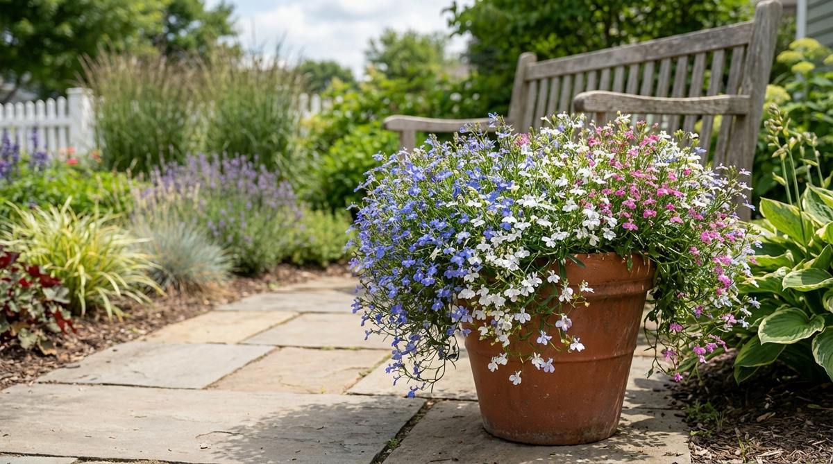 A close-up image of trailing lobelia showcasing masses of small blue, white, and pink flowers on cascading stems, ideal for hanging baskets and container edges in small gardens.