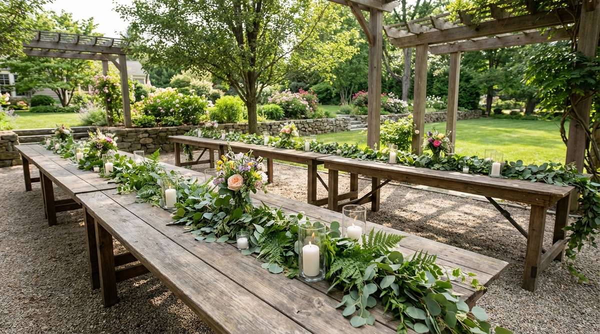 A rustic outdoor wedding setup featuring long farm tables with greenery runners, showcasing eucalyptus, ferns, and ivy, complemented by candles in glass hurricanes and seasonal blooms for a natural, communal dining experience.