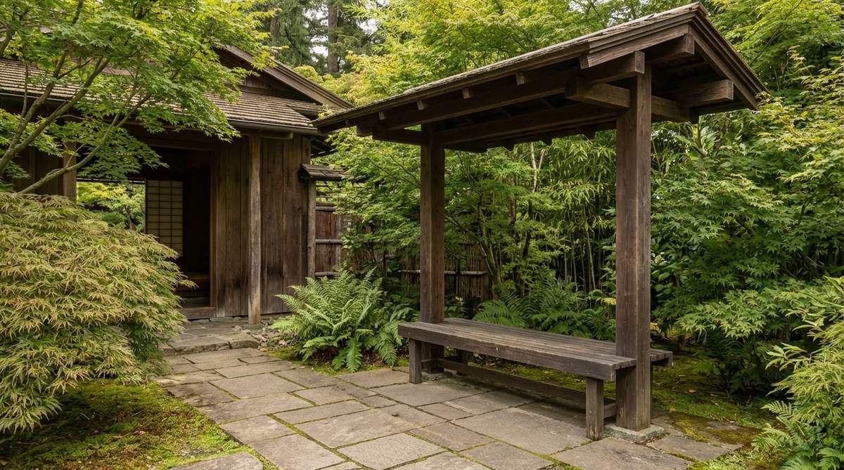 A traditional Japanese Machiai waiting bench with a cedar post-and-beam roof structure extending 18 inches beyond the seat, placed near a tea house entrance with screening plants. The bench stands at 16 inches high, designed for guests to wait in humble readiness before tea ceremonies.