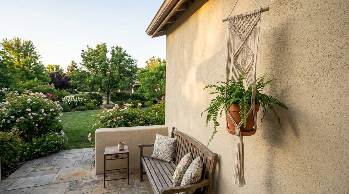 A bohemian-style macrame plant hanger suspending a green plant at eye level on a balcony wall, featuring knotted cord in a geometric pattern with weather-resistant materials for outdoor use.
