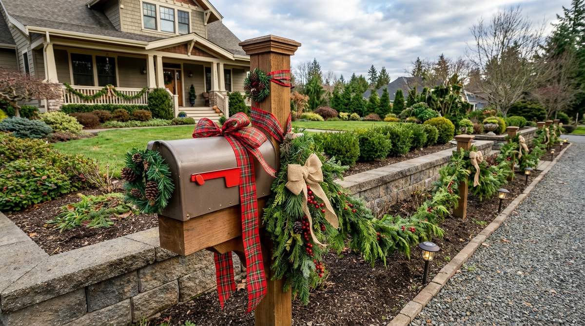 A decorated mailbox with waterproof ribbon, small wreaths, and evergreen swags, showcasing festive outdoor Christmas decor that extends to the property edge. The decorations are secured with zip ties or floral wire to ensure mail delivery is not hindered, coordinating materials and colors with the main display for visual continuity.
