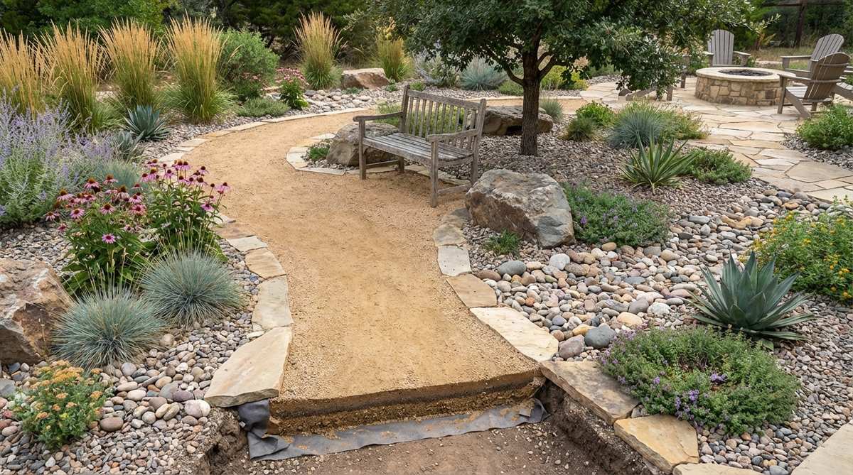 A curved pathway made of decomposed granite winds through planted areas in a gravel garden, creating an exploratory experience. The crushed stone trail features proper installation with landscape fabric and compacted layers, making small spaces feel larger by obscuring sight lines.
