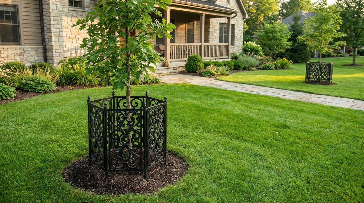 Decorative metal tree guards made of cast iron or steel with openwork patterns, designed to protect young tree trunks from mower damage while adding ornamental detail to garden decor. Installed around newly planted specimen trees in lawn areas, they become permanent sculptural collars as trees mature.