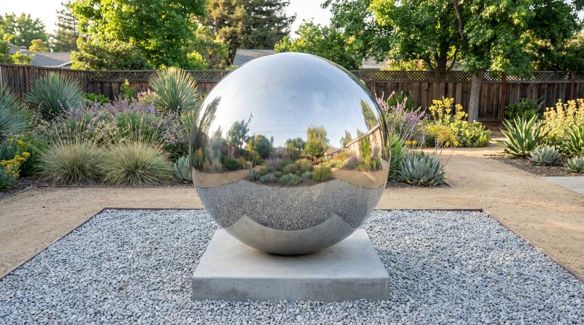A modern garden decor piece featuring a mirror-polished stainless steel sphere that reflects and distorts the surrounding garden, contrasting geometric form with organic plantings. Ideal for capturing changing light and seasonal views, available in diameters from 12 to 48 inches for versatile placement on plinths or gravel surfaces.