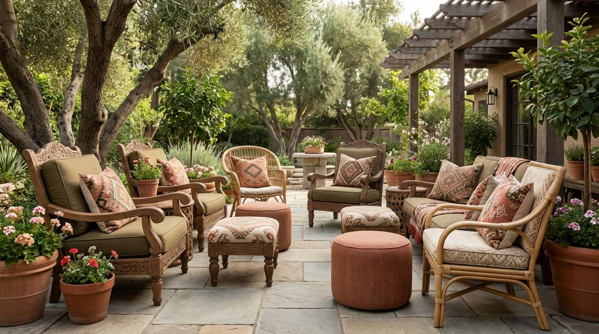 An eclectic mix of carved wood chairs, woven rattan seats, and upholstered pieces in complementary earth tones, unified by consistent cushion choices and coordinated textile patterns, reflecting bohemian aesthetic principles and diverse craft traditions.
