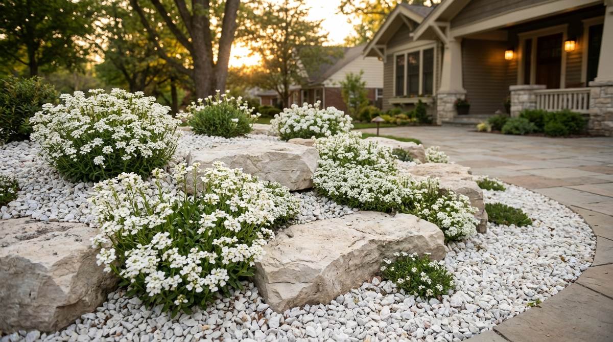 A sophisticated small garden rockery featuring white-flowered alpines like arabis and candytuft paired with pale limestone rocks, creating a luminous monochromatic display that glows in evening light. White gravel mulch extends the modern aesthetic throughout the planting.