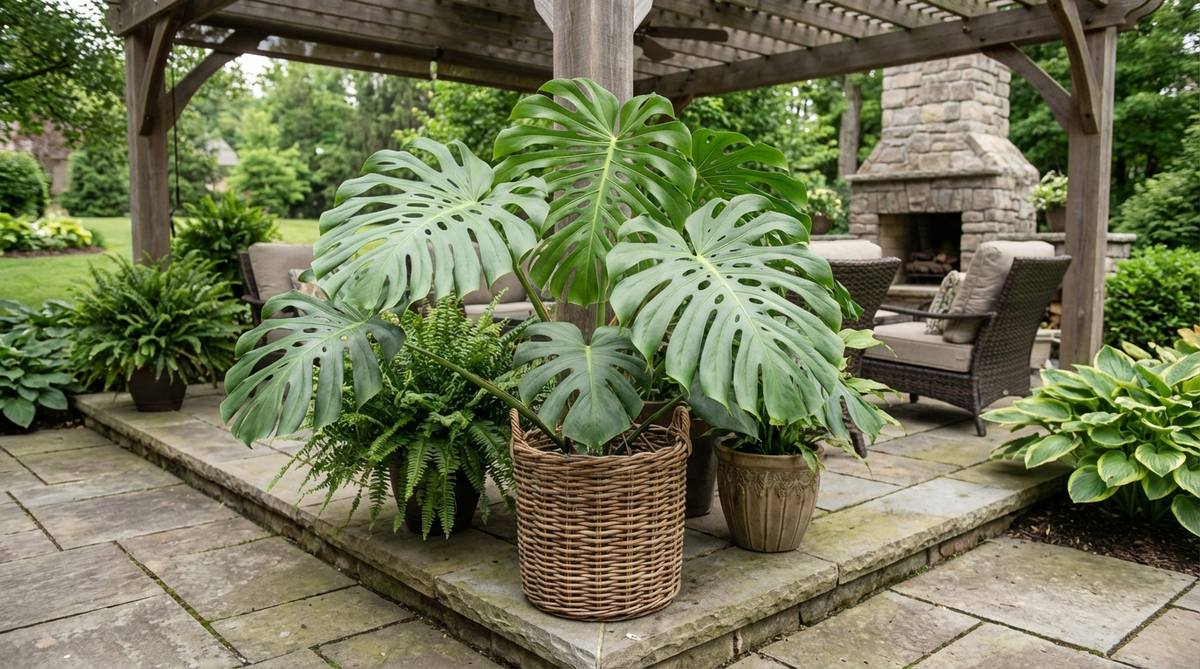 A Swiss cheese plant with fenestrated leaves in a woven rattan basket, showcasing tropical foliage for outdoor decor in summer settings like shaded patios or corners.