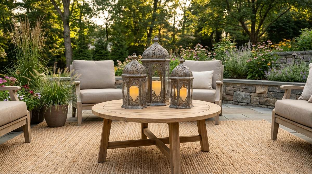 Three metal Moroccan lanterns with intricate cutout patterns arranged in graduating sizes on a modern boho coffee table, creating a focal point with ambient light from LED candles. The detailed metalwork adds global bohemian character to contemporary decor.