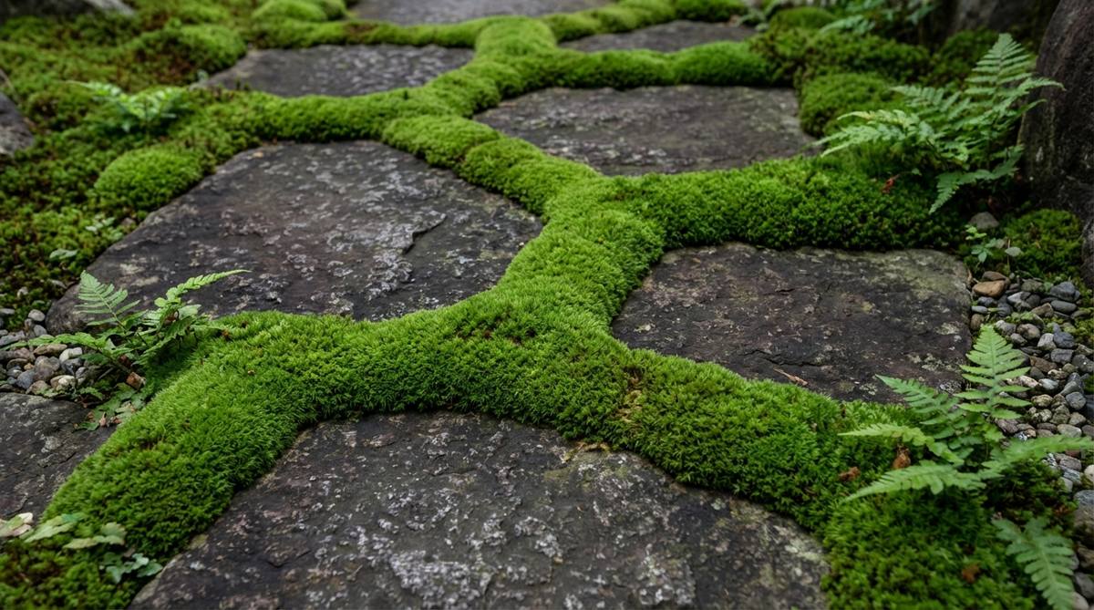 A close-up view of lush green moss growing between irregular stepping stones in a Japanese garden. The low-growing moss varieties create natural green cushions that serve as living grout, softening the stone path's appearance while providing visual continuity. This traditional technique guides foot placement naturally and adds organic texture to the garden design.