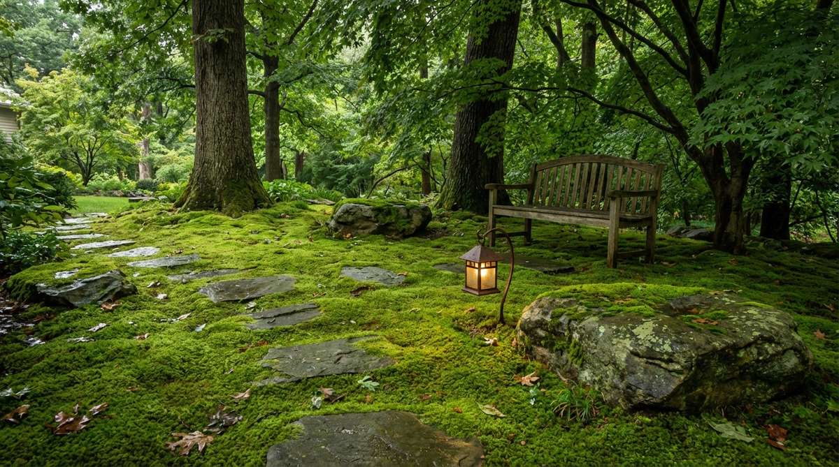 A serene garden scene featuring a mossy understory retreat with a lush carpet of moss around stepping stones and simple rocks, creating a secret woodland floor under deep shade from mature trees. The velvety texture of the moss appears tranquil after rain, with a low lantern and carefully placed stones adding subtle ornamentation. This quiet ground plane visually calms the space, ideal for a reading chair or bench tucked under the trees, encouraging relaxation and reducing foot traffic to preserve the moss.