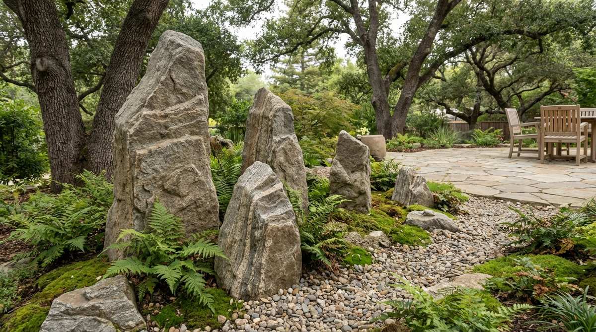 A Japanese garden stone arrangement showing five vertical rocks of decreasing height arranged to suggest distant mountain ranges. The tallest stone is positioned off-center with progressively shorter stones extending in both directions, creating asymmetrical balance. The weathered granite or limestone stones display natural horizontal stratification lines, reinforcing the mountain metaphor with authentic geological detail.