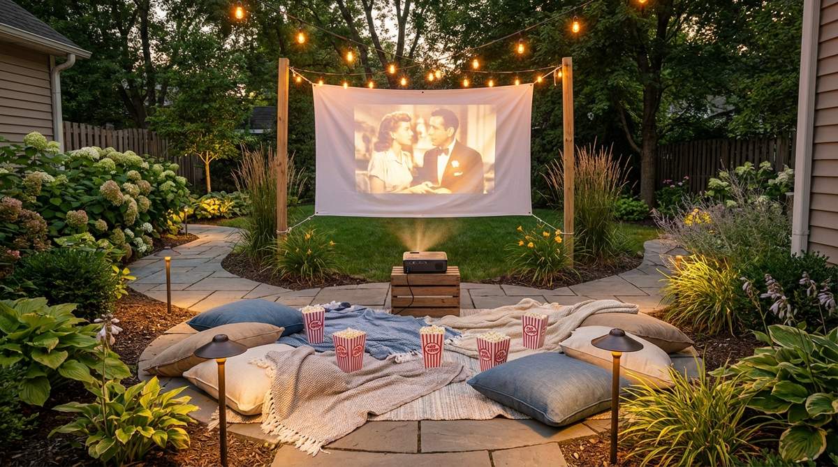 A cozy outdoor movie night setup in a mini garden with a portable projector displaying on a white sheet, framed by string lights. Low-level path lights illuminate walkways while blankets, floor cushions, and popcorn in striped boxes create comfortable seating. The arrangement maximizes space in compact quarters with a forward-facing layout.