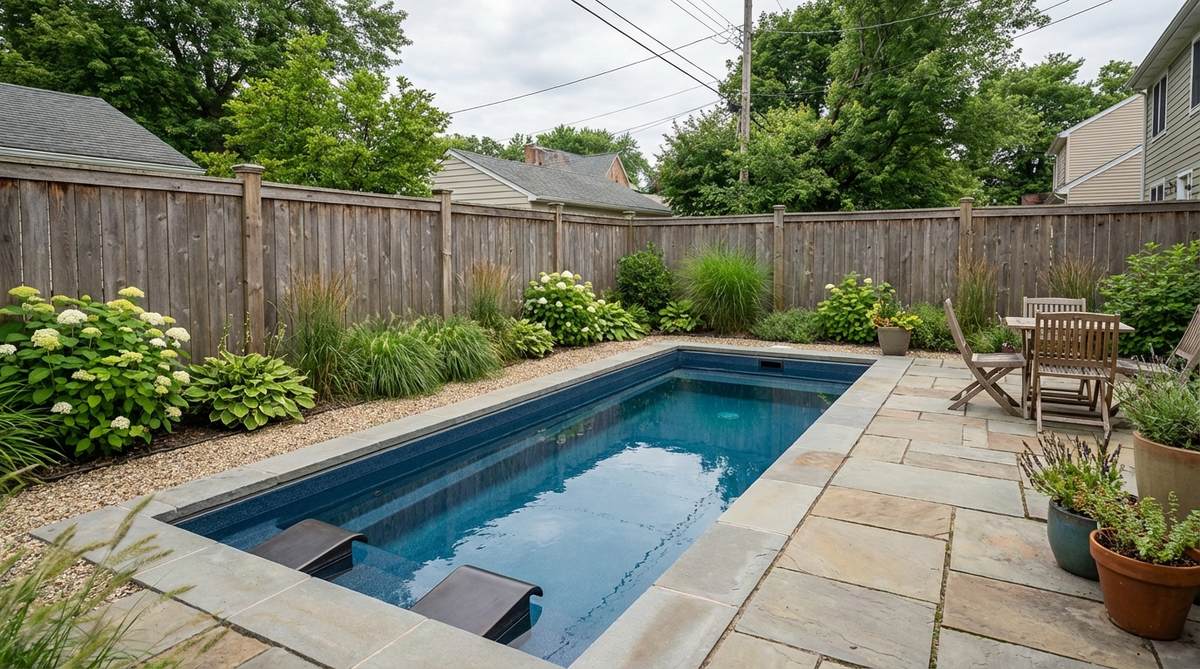 A compact 12x4-foot lap lane pool installed along a fence line in a small garden, featuring adjustable swim jets for resistance training. The narrow design maximizes yard space for gardens, dining, or play areas while providing professional swimming capabilities.