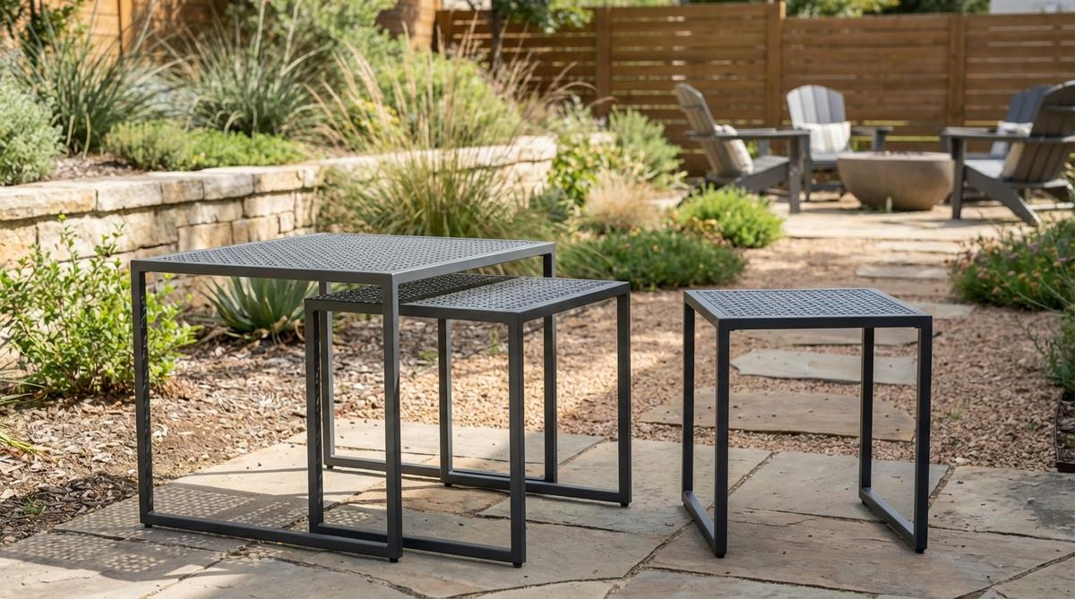 A set of two or three minimalist metal tables with graduated sizes, designed to nest compactly for storage. Features perforated metal tops for drainage and reduced weight, ideal for weather-resistant use in gardens, patios, or urban outdoor spaces. The tables separate to provide flexible surface options, addressing storage constraints while maintaining visual unity.