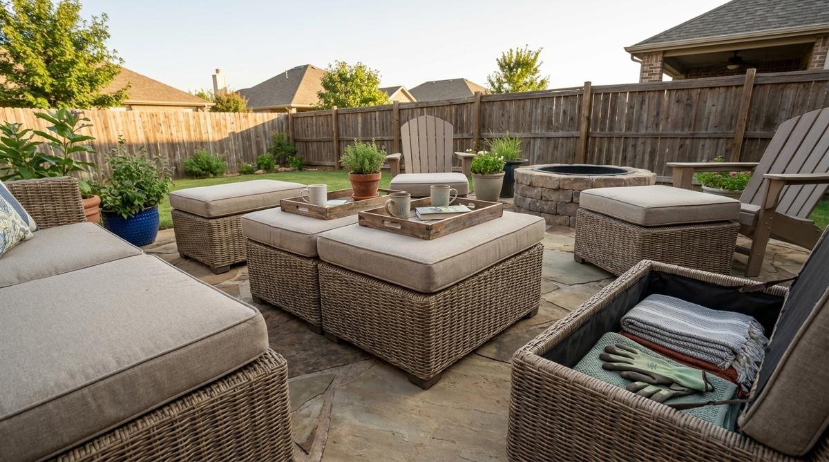 A versatile ottoman coffee table combo in a small garden setting, showing how cushioned ottomans with removable trays can function as footrests, extra seating, or cocktail tables. The image highlights the interior storage compartments for throws and outdoor supplies, and demonstrates how multiple ottomans can be grouped together or separated for flexible use.