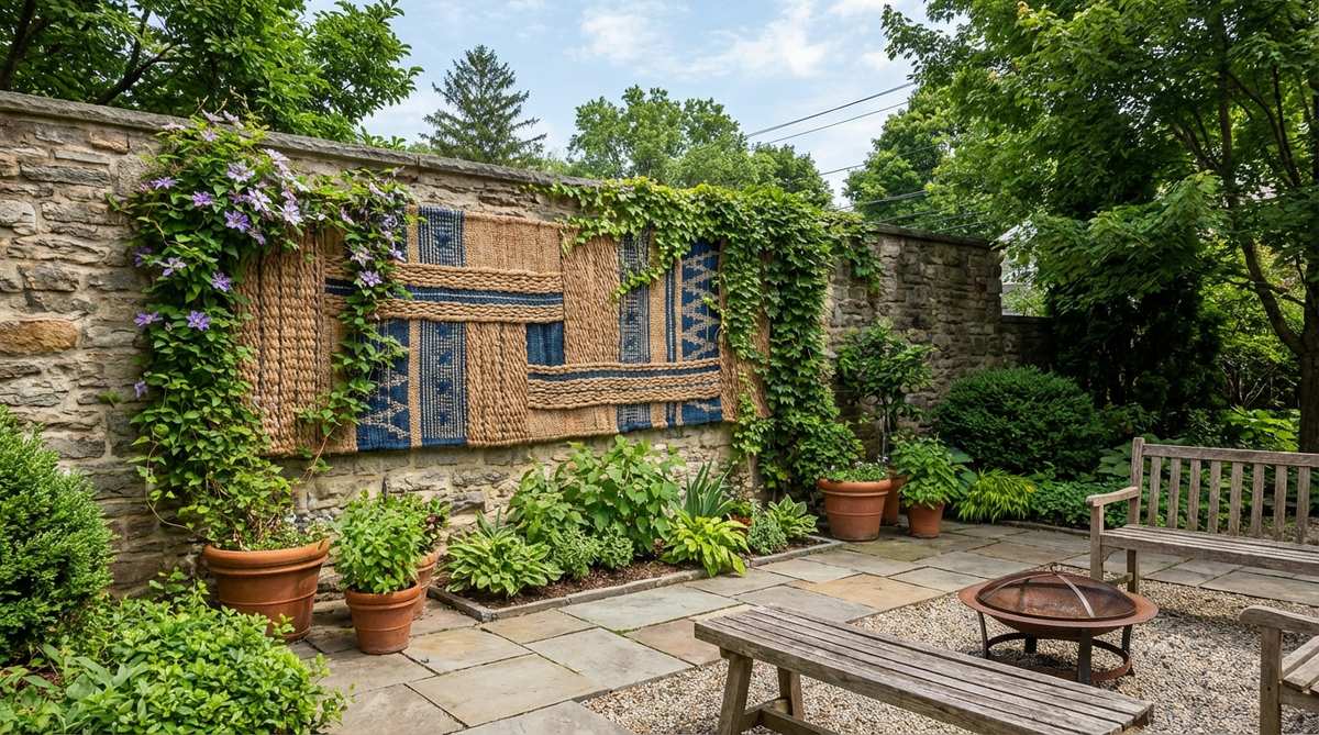 A garden wall decor featuring a weather-resistant tapestry or macramé wall hanging combined with climbing plants. The image shows vibrant, fade-resistant fabric art with vines intermingling through the textile, illustrating how to position plantings 12-18 inches from the wall base for optimal growth and aesthetic integration.
