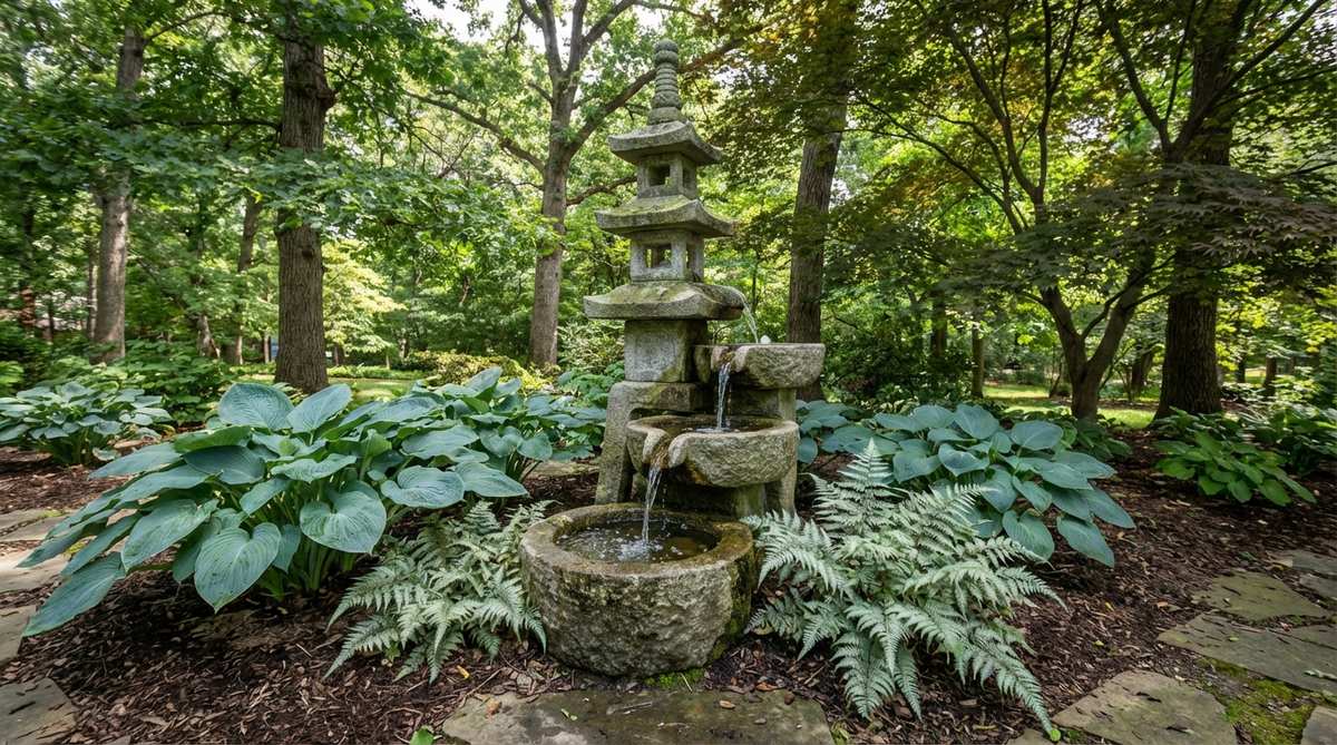A traditional Japanese garden stone pagoda fountain with multiple tiers, featuring water flowing down carved channels from the top. The granite structure, reaching 36-48 inches, displays a weathered gray patina and is surrounded by shade-loving hostas and Japanese painted ferns. Water collects in small pools at each tier intersection, creating varied soothing sounds.