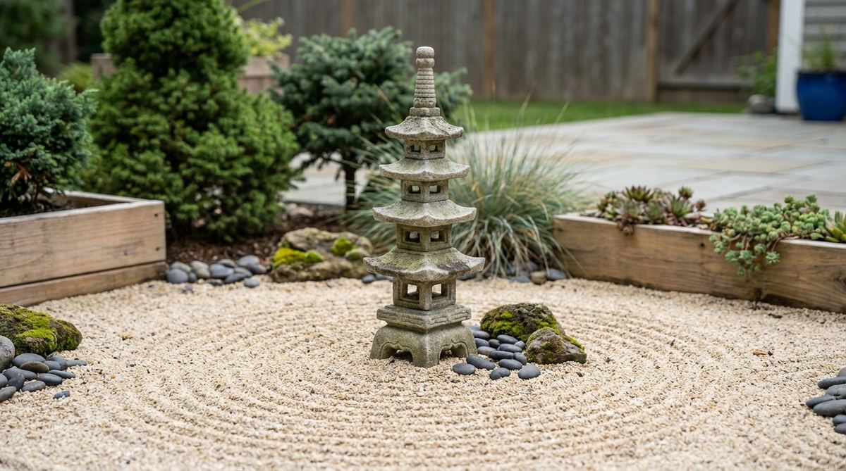 A detailed miniature multi-tiered pagoda temple, 3-4 inches tall with 3-5 tiers, made of stone or resin, serving as the architectural focal point in a zen garden miniature. The structure symbolizes the spiritual path toward enlightenment through ascending levels, placed securely in sand.