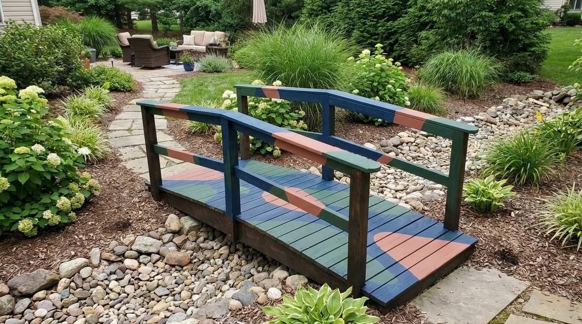 A small garden bridge featuring bold geometric patterns or nature motifs painted with weather-resistant deck paint, designed to transform simple structures into artistic garden elements that reflect personal style.
