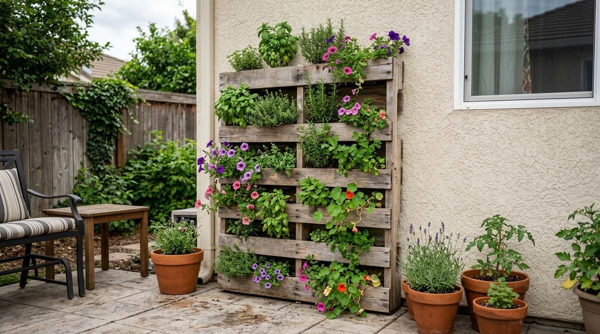 A rustic vertical garden made from a repurposed shipping pallet, standing against a wall with herbs and trailing flowers planted between the slats, ideal for small spaces like balconies or patios.