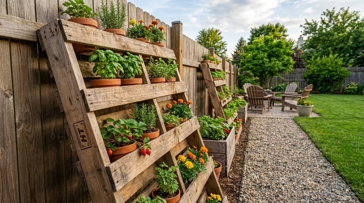 A DIY vertical planter made from repurposed pallet wood, constructed as a ladder-style or grid trellis frame for growing herbs, strawberries, or shallow-rooted flowers in small gardens. The wood is sanded and weatherproofed for outdoor durability, using safe heat-treated pallets marked 'HT' for food gardens.