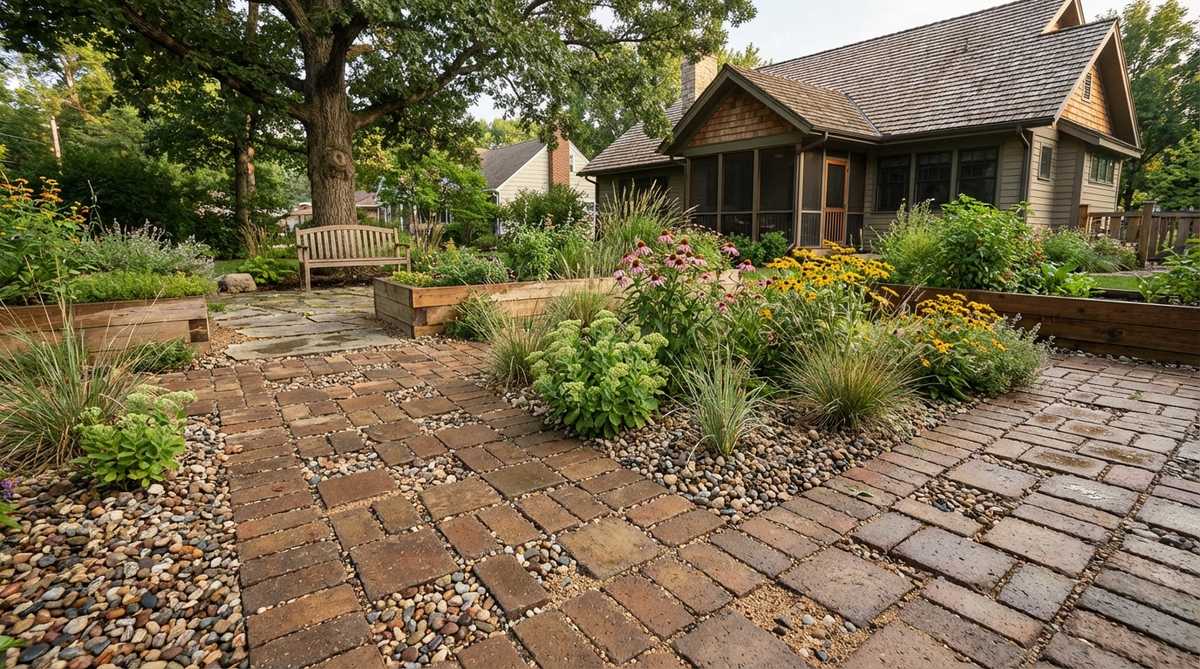 A sustainable garden design showing permeable gapped paving with bricks spaced 1-2 inches apart, filled with coarse sand or gravel to allow rainwater infiltration. This eco-friendly installation reduces runoff, supports soil microorganisms, and meets stormwater management requirements in environmentally sensitive areas.