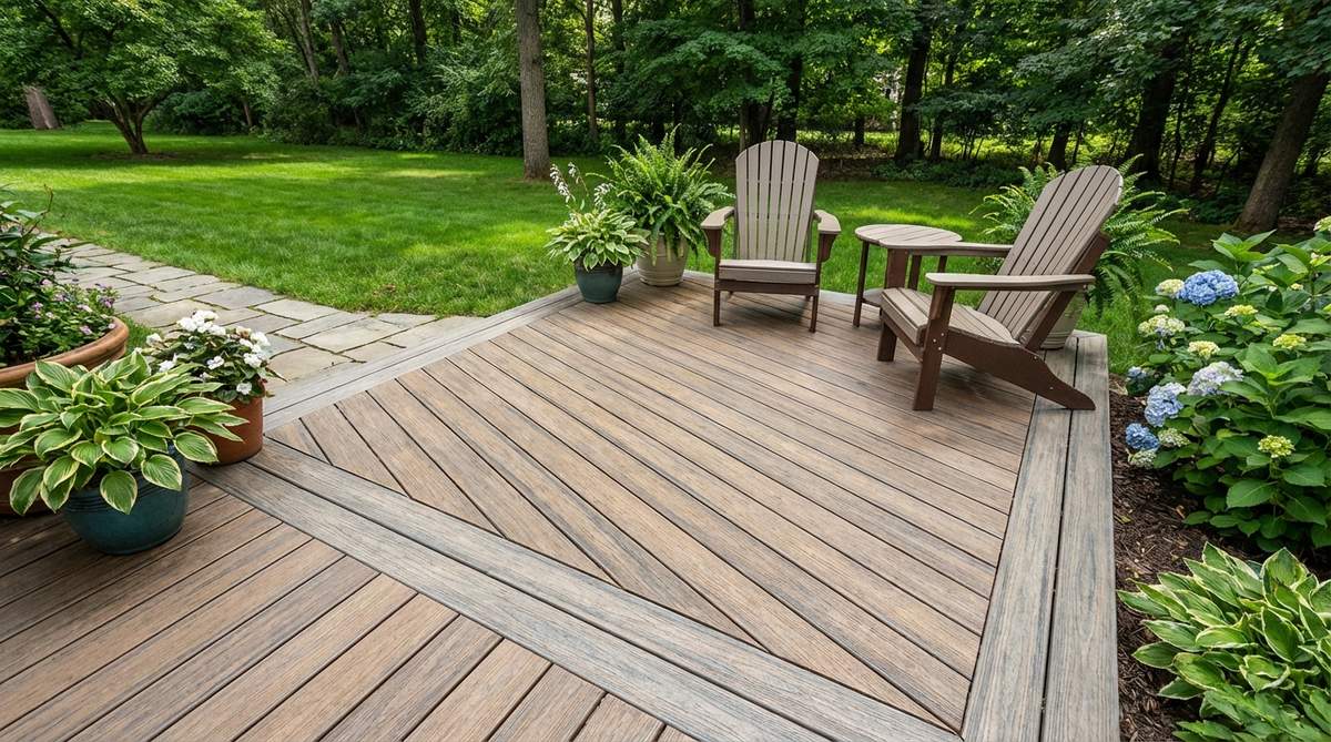 A detailed image showing a picture frame border on a small garden patio deck, with perimeter boards running perpendicular to interior field boards to create a finished, furniture-like appearance. This classic detail enhances basic deck construction with custom craftsmanship, hiding end grain cuts and providing clean edges for furniture placement.