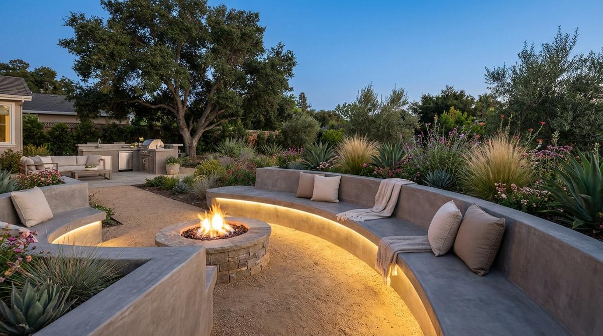 A modern garden featuring polished concrete seating walls with smooth trowel finishes that reflect light. The 18-inch high cast-in-place concrete walls serve dual functions as comfortable seating and architectural planter edges, with integrated rigid foam insulation to prevent cold transfer for year-round usability.
