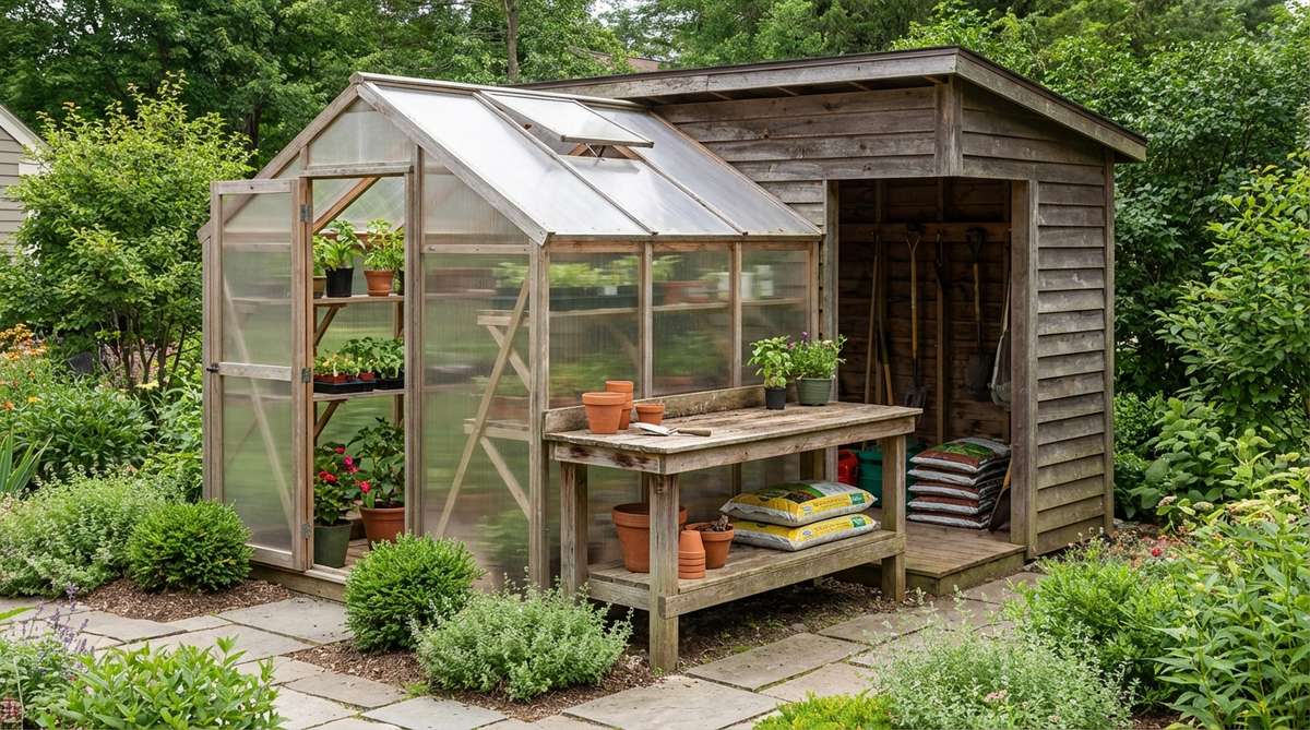 A versatile potting shed hybrid that combines a greenhouse section with glass or polycarbonate panels for plant propagation and an opaque storage area for tools, soil, and equipment. Features a central potting bench bridging both zones, ideal for small gardens with a 10x8 configuration balancing growing capacity and practical storage needs.