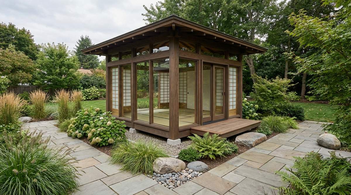 A modern prefabricated modular tea house with traditional Japanese design elements, featuring factory-built modules that allow for rapid on-site assembly while maintaining authentic details like shoji screens and tatami flooring.