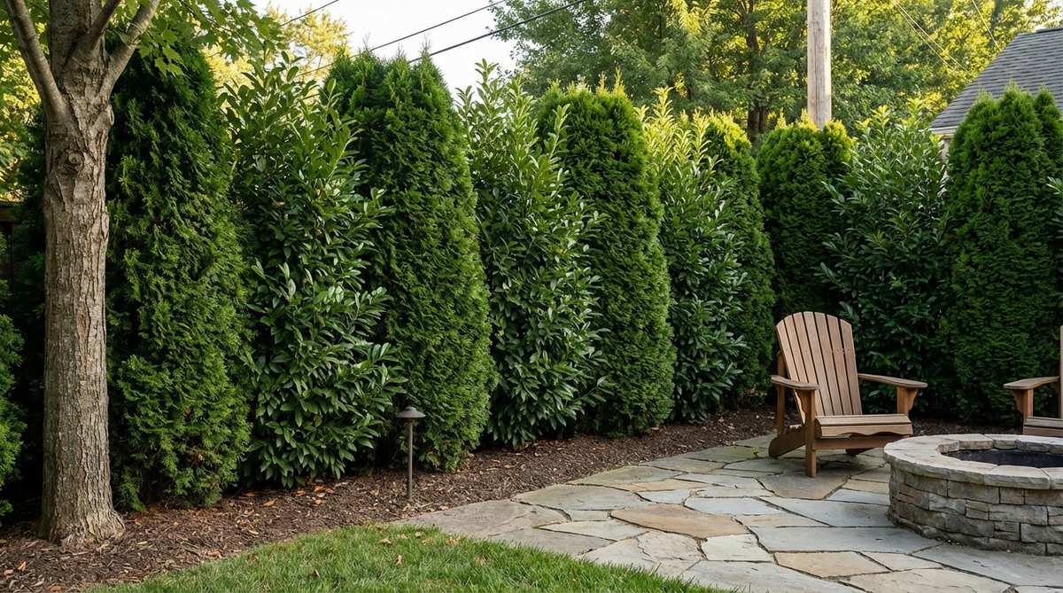 A dense evergreen privacy hedge wall made of arborvitae, Leyland cypress, or cherry laurel plants spaced 3-4 feet apart, standing 6-8 feet tall with neatly pruned formal edges and lateral branching that blocks sightlines and absorbs neighborhood noise in a cozy garden setting.