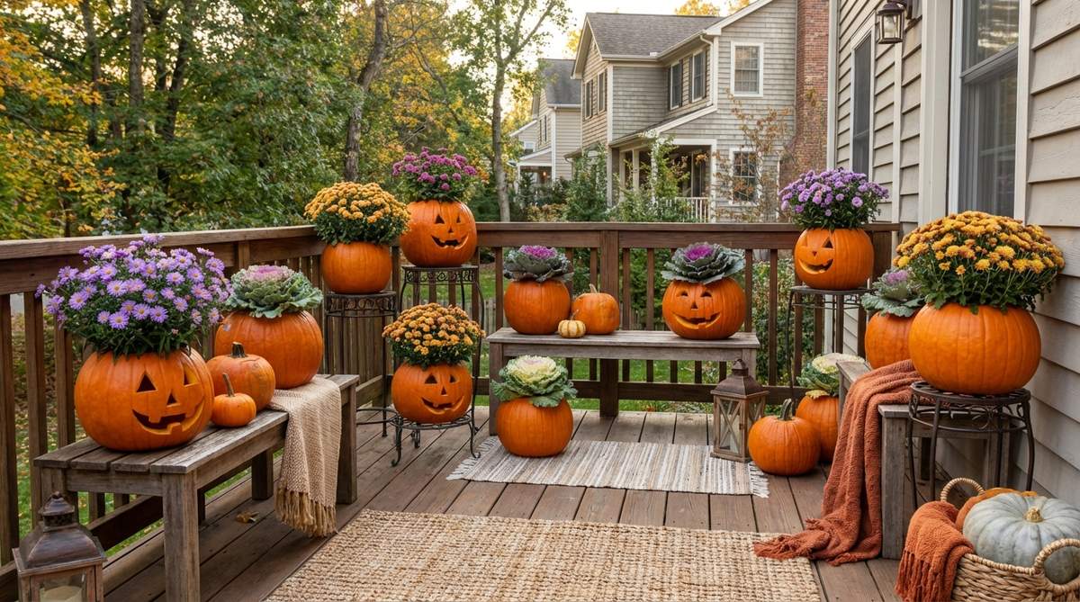 A creative Halloween balcony decor idea featuring hollowed-out pumpkins used as temporary planters for fall flowers like purple asters, golden mums, or ornamental cabbages. The living blooms emerge from carved pumpkin tops, creating a vibrant and functional display that combines decoration with horticulture, perfect for gardening enthusiasts.