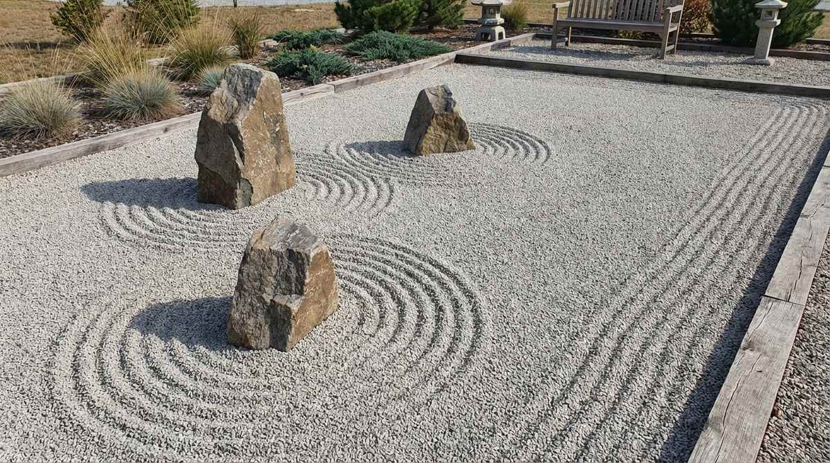 A minimalist Zen garden composition featuring three angular stones arranged in an asymmetric triangle formation, emerging from a field of raked crushed granite. The gravel is meticulously raked in concentric circles around each stone, symbolizing rippling water, with the surrounding empty gravel field emphasizing balance and meditation. This design illustrates the Buddhist triad concept, using 2-6mm granite chips to maintain pattern retention at a 3-inch depth, ideal for daily meditative raking practices in garden rock arrangements.