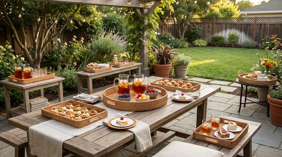 Round and rectangular rattan serving trays used as portable stations for drinks, appetizers, and desserts at a boho decor birthday party. The woven material adds warmth to food presentation, with larger trays as table centerpieces and smaller ones for individual place settings, complementing any boho color scheme.
