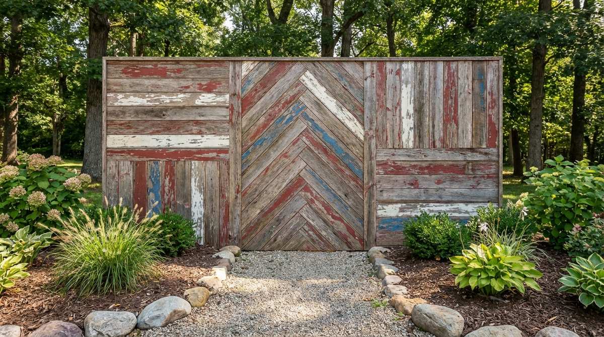 A rustic outdoor decor wall featuring weathered reclaimed barn wood planks with original paint traces and natural aging, arranged horizontally, vertically, or in herringbone patterns to enhance farmhouse appeal. Sealed with exterior-grade clear coat for moisture protection while preserving the aged appearance.