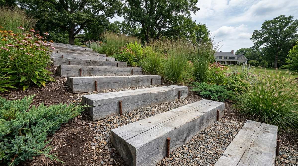 Weathered railway sleeper steps creating terraced levels on a sloped garden, showing the industrial character and silver-gray patina of reclaimed timber. The massive beams are anchored with rebar and backfilled with gravel, demonstrating a robust construction method suitable for large properties with informal aesthetics.